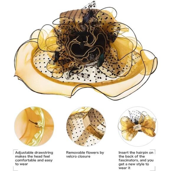 Women Hat Wide Brim Tea Party Fascinator Yellow Black - Picture 3 of 6